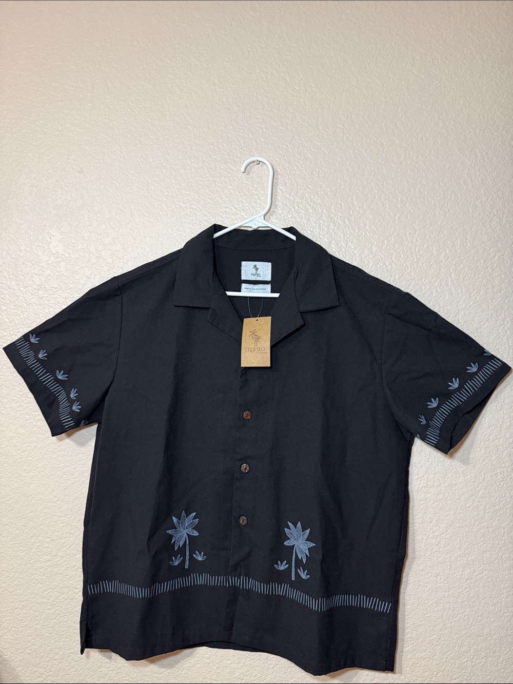 Black Short-Sleeve Button-Down Shirt with Light Blue Floral Trim